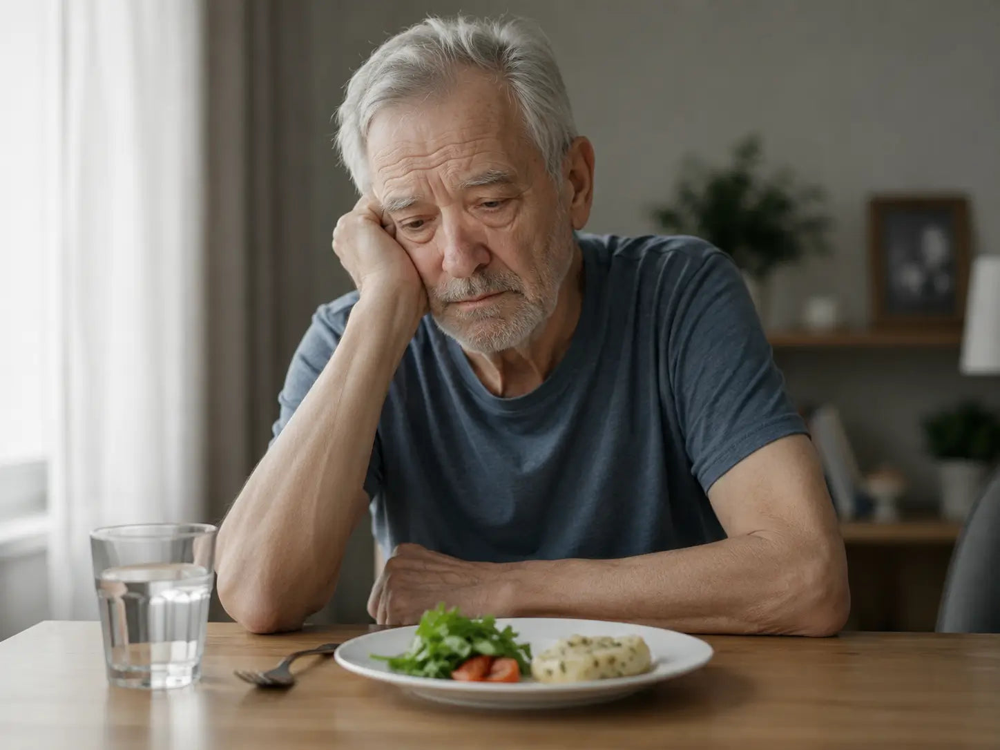 Älterer Mann mit Appetitlosigkeit vor einer kleinen Mahlzeit. Symbolbild für Gewicht halten, ungewollten Gewichtsverlust und Mangelernährung.