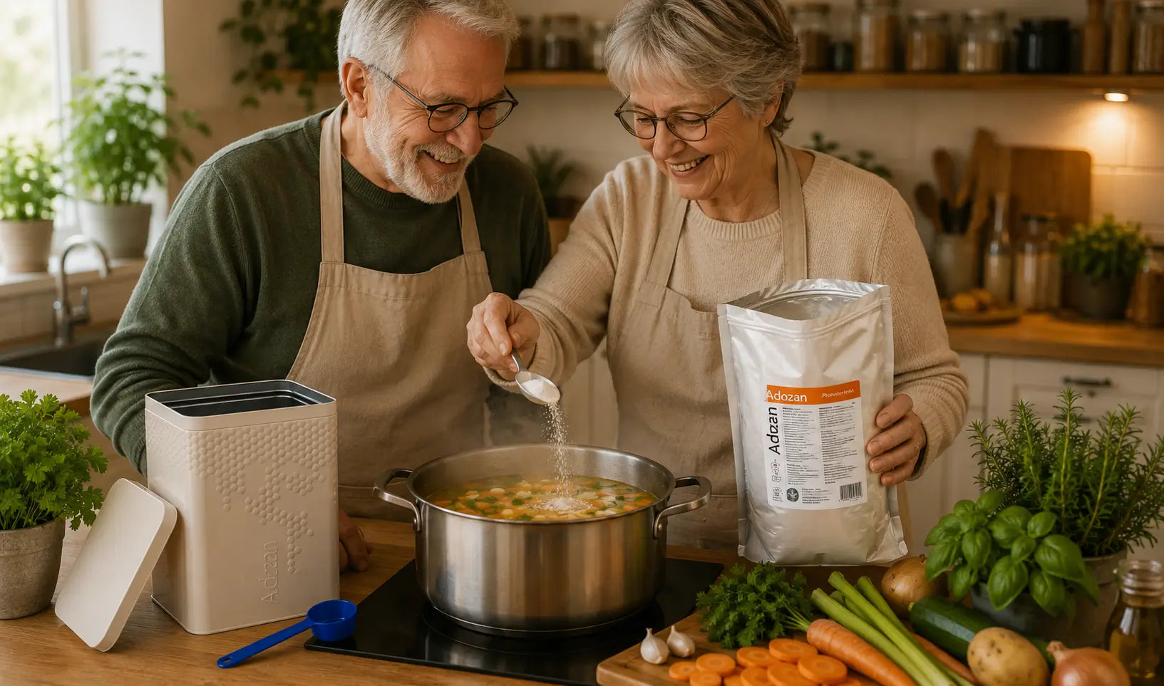Älteres Paar gibt Adozan Protein+Hot in eine Suppe
