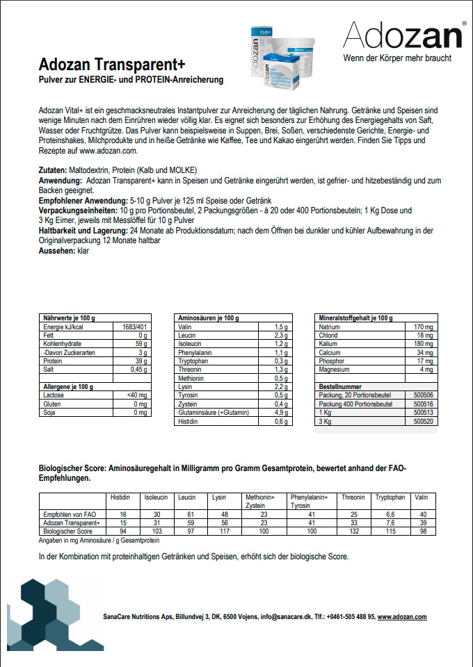Produktdatenblatt Adozan VitalKlar+ mit Nährwerten und Anwendung