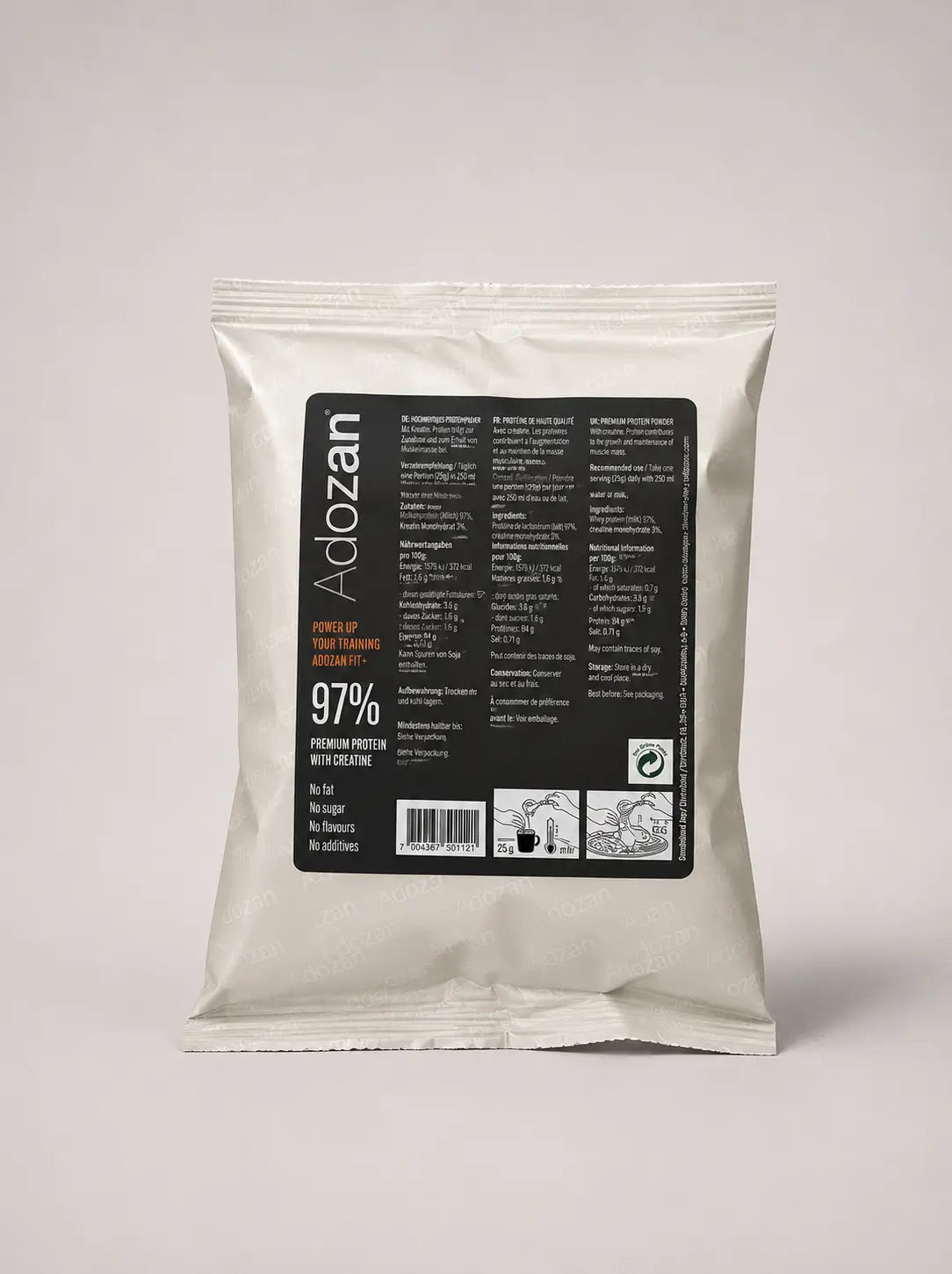 Rückseite des Adozan Fit+ Proteinpulver Beutels