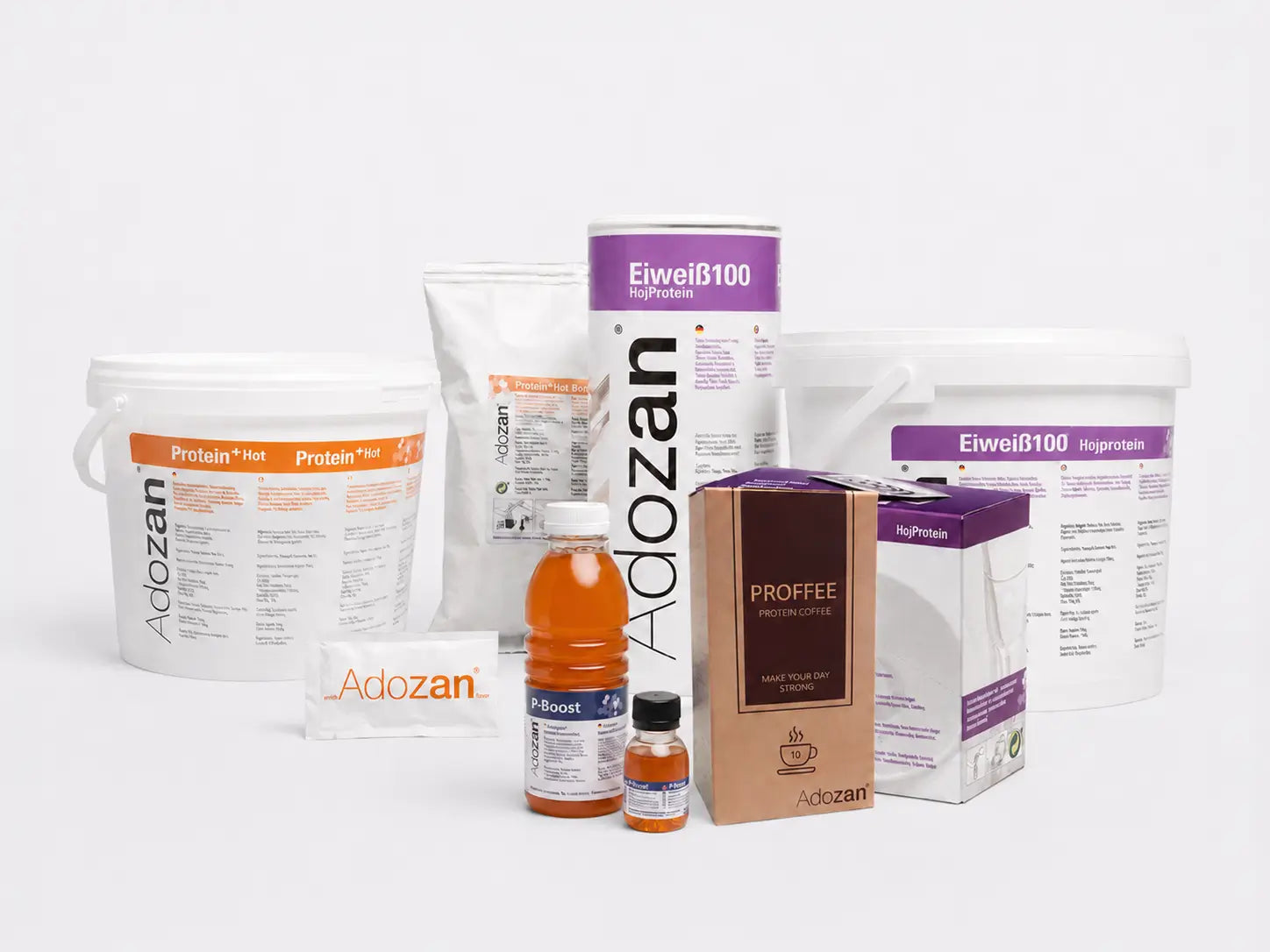 Adozan Produktsortiment mit Eiweiß100, Protein+Hot, Proffee, P-Boost und weiteren Produkten