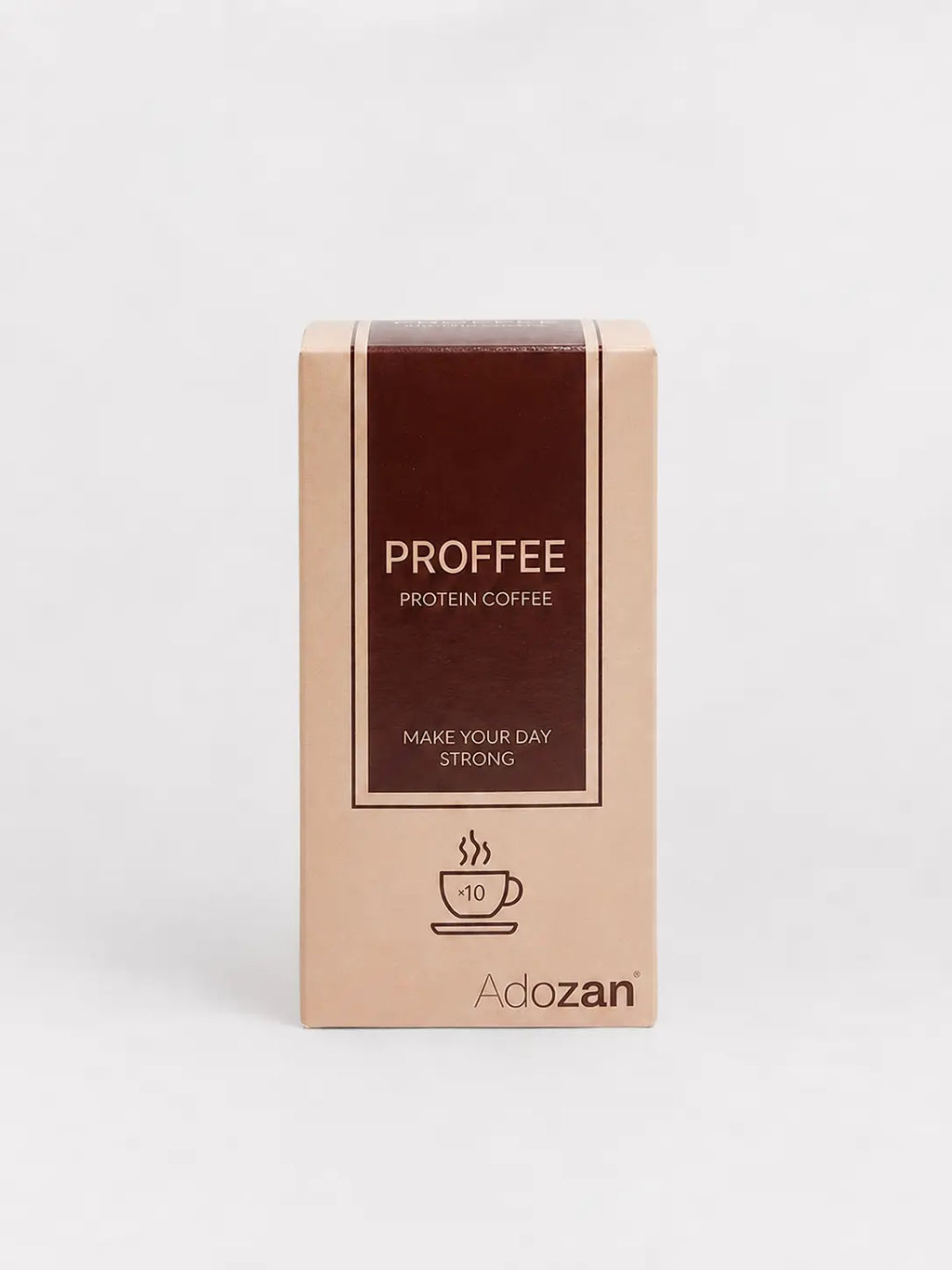 Adozan Proffee Protein Coffee 10 x 10 g Portionsbeutel in Verkaufsverpackung mit 10 Einzelportionen. Geschmacksneutrales Proteinpulver für Kaffee und Heissgetränke.