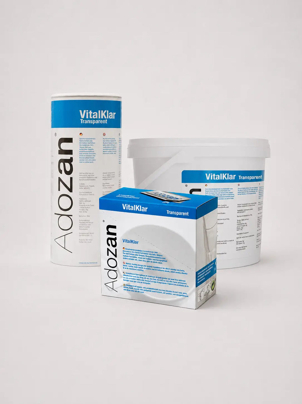 Adozan VitalKlar Verpackungsvarianten mit Box, 1-kg-Dose und 3-kg-Eimer