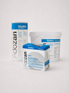 Adozan VitalKlar Verpackungsvarianten mit Box, 1-kg-Dose und 3-kg-Eimer