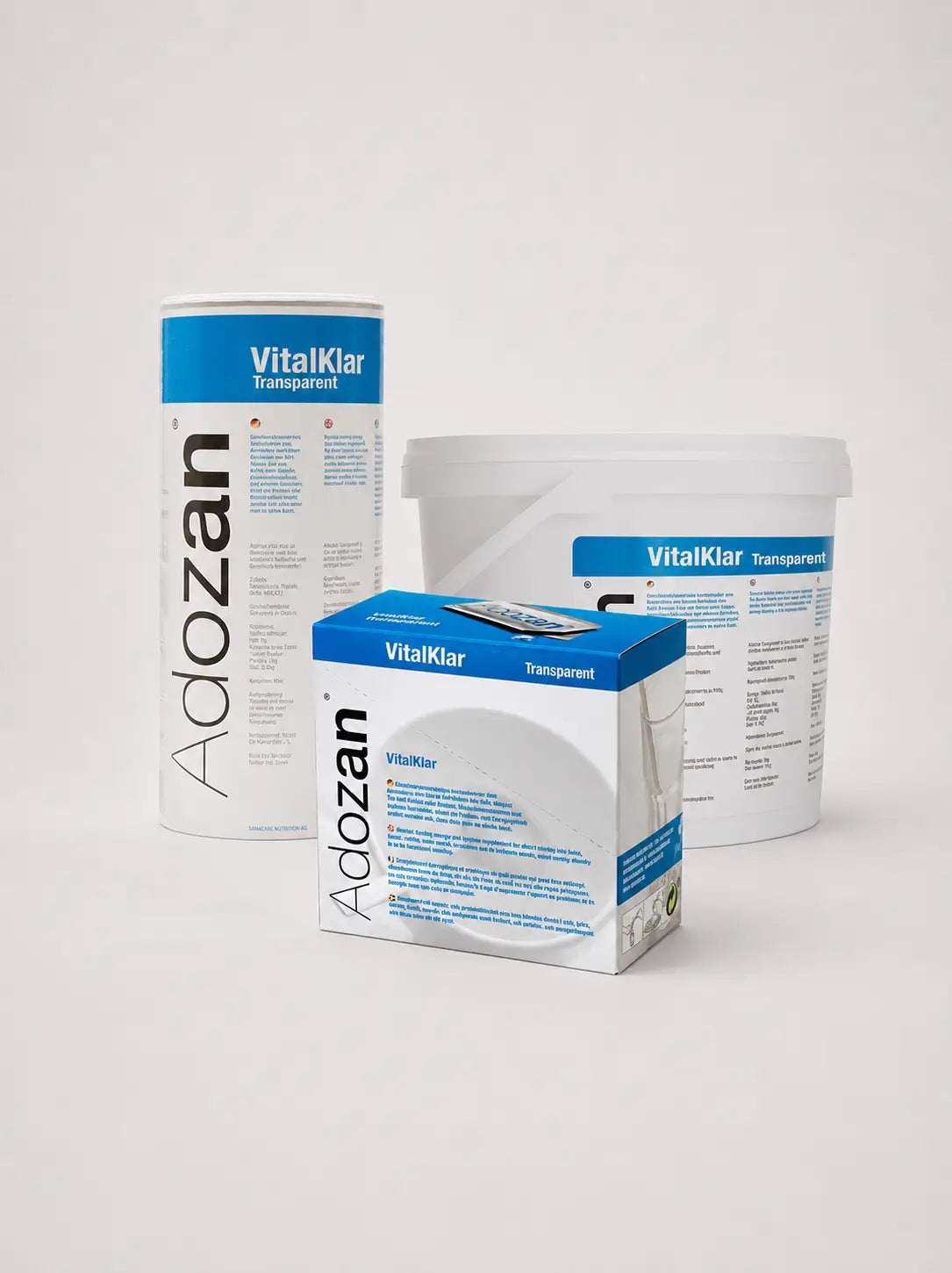 Adozan VitalKlar Verpackungsvarianten mit Box, 1-kg-Dose und 3-kg-Eimer