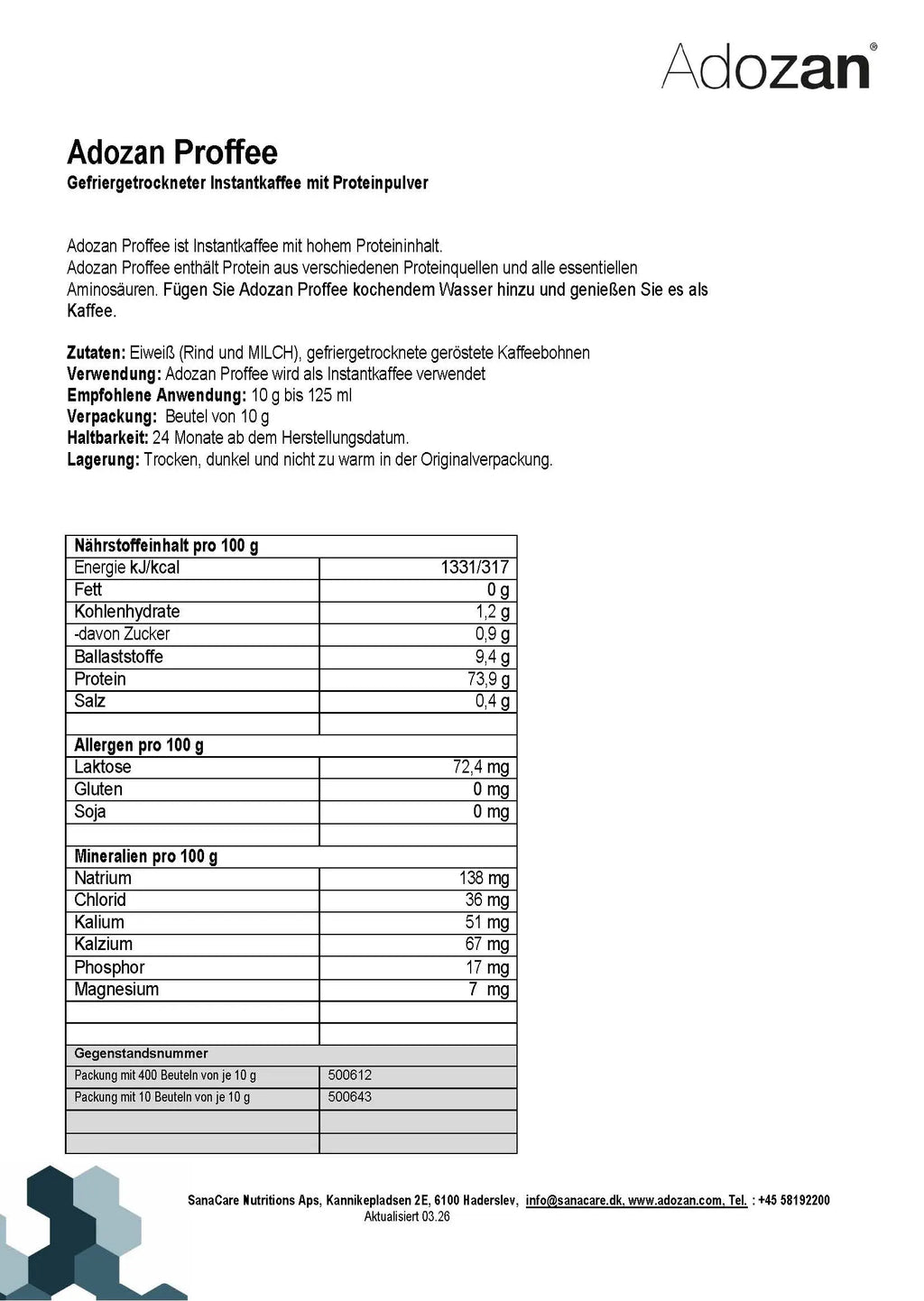 Produktdatenblatt Adozan Proffee
