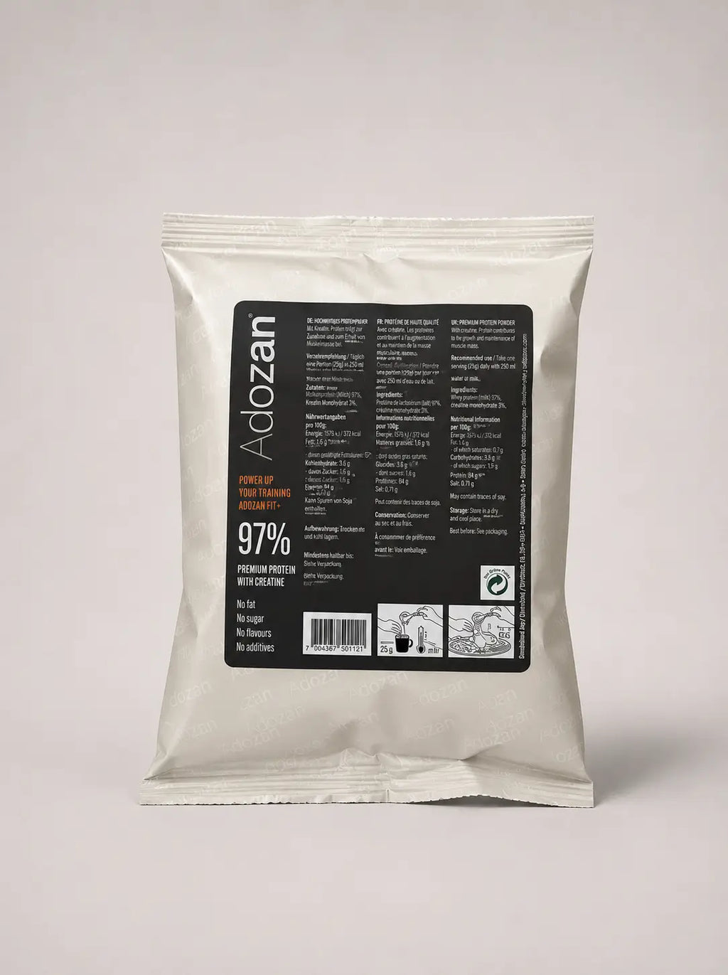 Rückseite des Adozan Fit+ Proteinpulver Beutels
