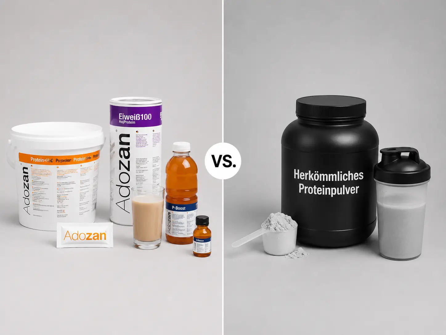 Infografik zum Vergleich von Adozan Eiweiss100 und Protein+ Hot mit einem herkömmlichen Proteinpulver hinsichtlich Anwendung, Verträglichkeit und Einsatzbereich.