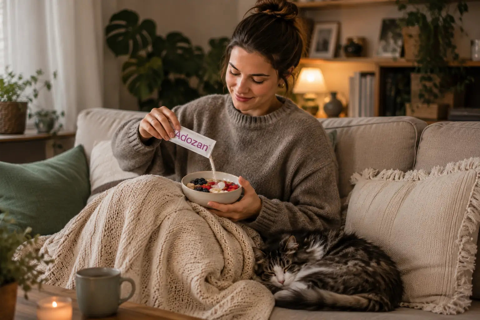 Frau gibt geschmacksneutrales Adozan Eiweiss100 Proteinpulver aus einem Portionsbeutel in eine Frühstücks-Bowl mit Beeren und Joghurt. Anwendung im Alltag zu Hause.