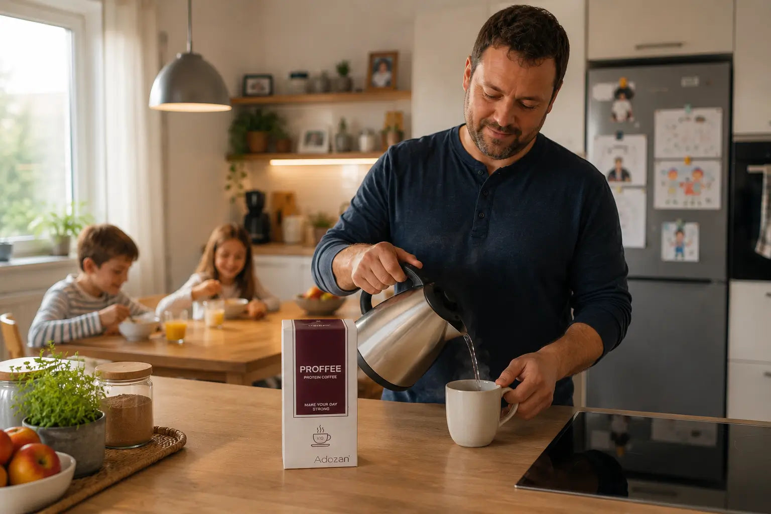 Mann bereitet mit Adozan Proffee Protein Coffee einen proteinreichen Kaffee zu und gießt heißes Wasser in eine Tasse. Anwendung im Familienalltag in der Küche.