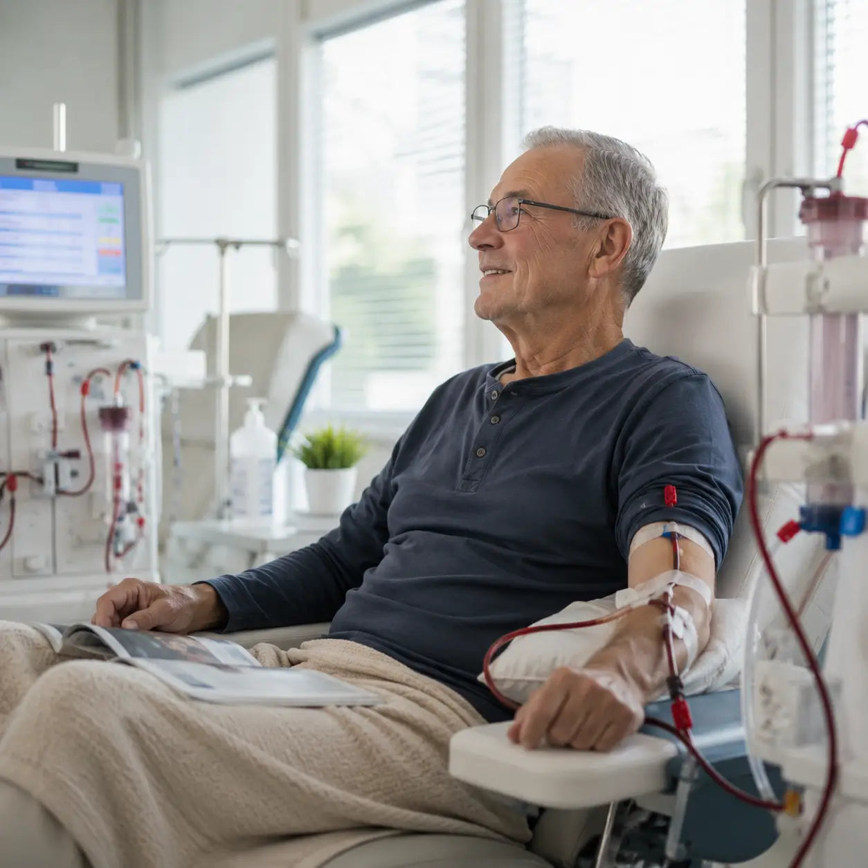 Mann während einer Dialyse Behandlung